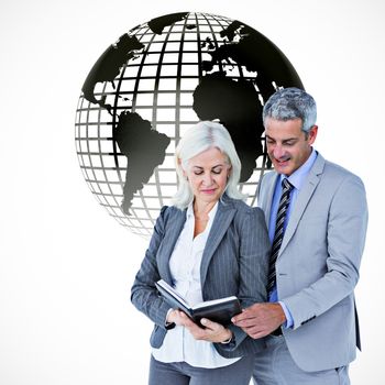  Smiling businesswoman and man with a notebook against white background with vignette