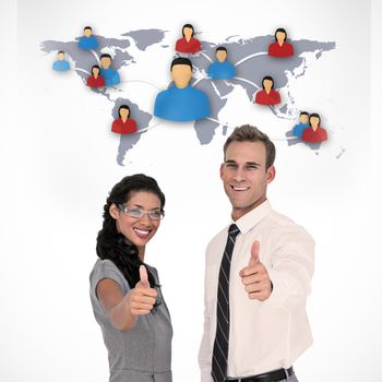 Happy business people looking at camera with thumbs up  against white background with vignette