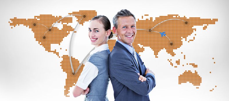 Happy business team against world map with lines