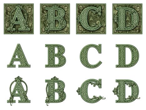 Photo-Illustration using parts of U.S. currency bills retouched and re-illustrated to create a new Money-themed alphabet. Eight total files can be downloaded to get a complete set.