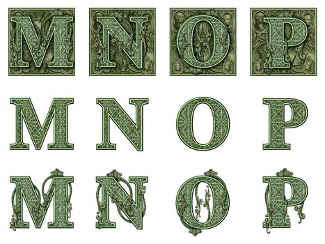 Photo-Illustration using parts of U.S. currency bills retouched and re-illustrated to create a new Money-themed alphabet. Eight total files can be downloaded to get a complete set.