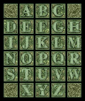 Photo illustration of an alphabet built from parts of a dollar bill.