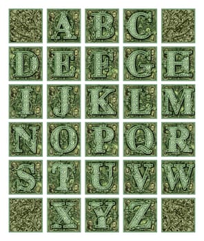 Photo illustration of an alphabet built from parts of a dollar bill.