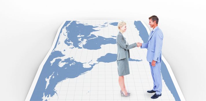  Smiling business people shaking hands against world map