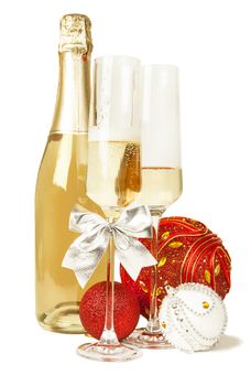 Champagne sparkling wine and new year composition isolated