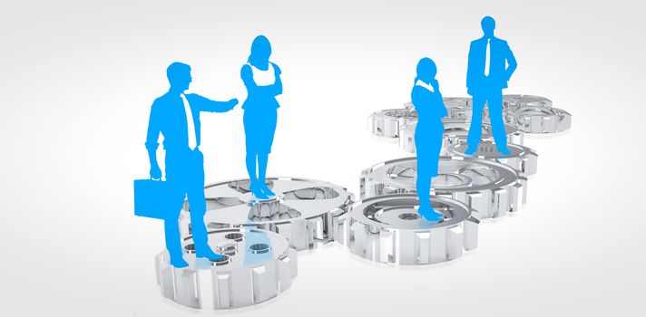 Blue business silhouette against cogs and wheels