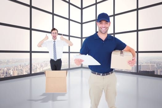 Happy delivery man with cardboard box and clipboard against room with large window showing city