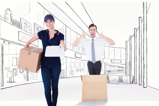 Happy delivery woman holding cardboard box and clipboard against sketch design of a mall