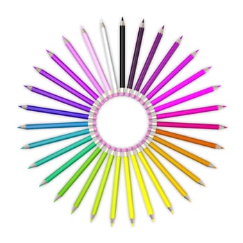 Set of coloured pencil. Pencils are aligned in a circle shaped and sorted using rainbow colours.