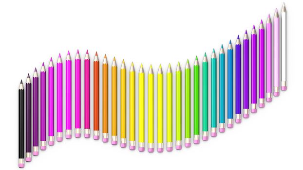 Set of coloured pencil. Pencils are aligned following a wave and sorted using rainbow colours.
