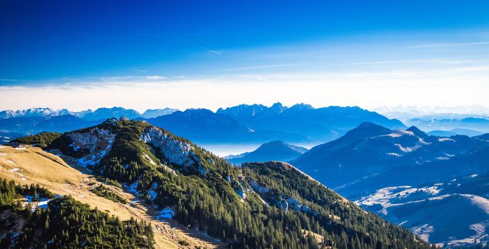 View from Wendelstein mountain into the Bavarian and Austrian Alps