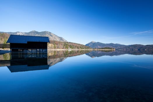 Clear blue morning at lake Walchensee in Bavaria