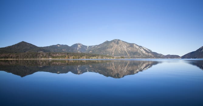 Clear blue morning at lake Walchensee in Bavaria