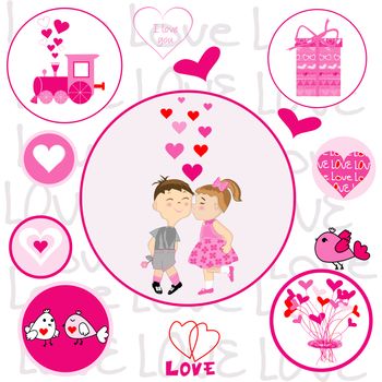 Set of round frames with Valentine elements with cartoon boy and girl