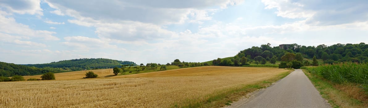 Agricultural landscape panorama, with harvested acre in the foreground, path aside