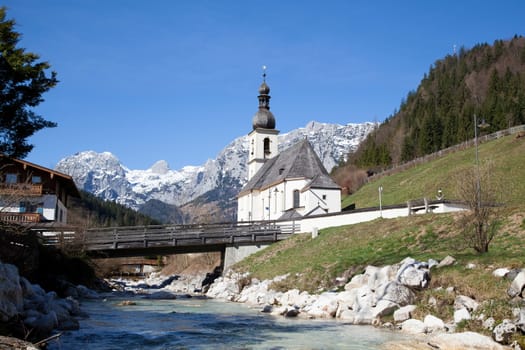 Ramsau church  and river near Berchtesgaden