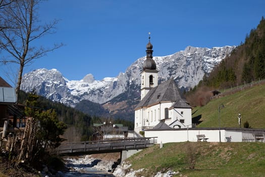 Ramsau church  and river near Berchtesgaden