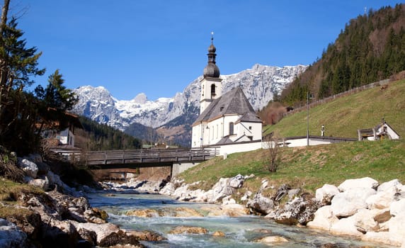 Ramsau church  and river near Berchtesgaden