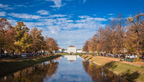 Nymphenburg palace with reflection in the morning sunlight