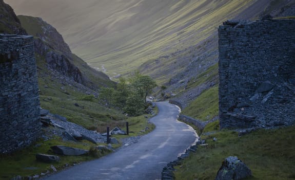 A landscape with road down  the Honister pass in Lake District