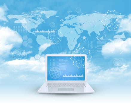 Laptop in cloud sky with numbers and graphical charts