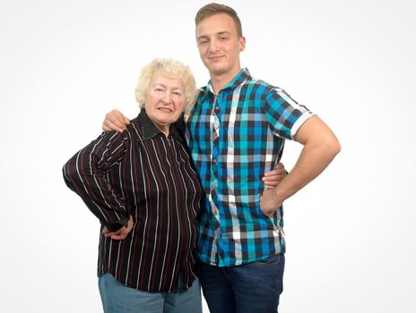 Grandmother and her grandson on a white background .