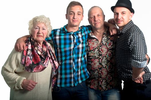 Elderly woman with her son and grandchildren  on a white background .