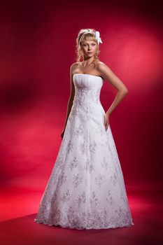 Young woman in a wedding dress on a studio background