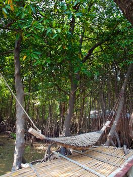 Hammock rattan hanging on tree with bamboo litter in mangrove forest