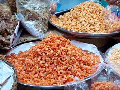 Heap dried shrimps for sell at market