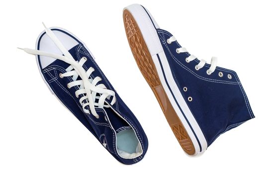 Convenient for sports mens sneakers in dark blue thick fabric. Presented on a white background.