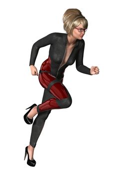 3D digital render of a beautiful female super hero running isolated on white background