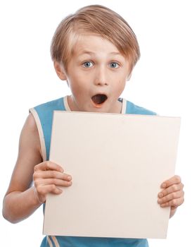 A blond boy holding a blank ad sign isolated on a white background