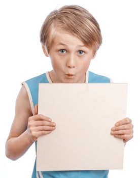 A blond boy holding a blank ad sign isolated on a white background