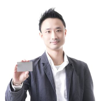 Asian man with business card in business office concept, isolated on white background