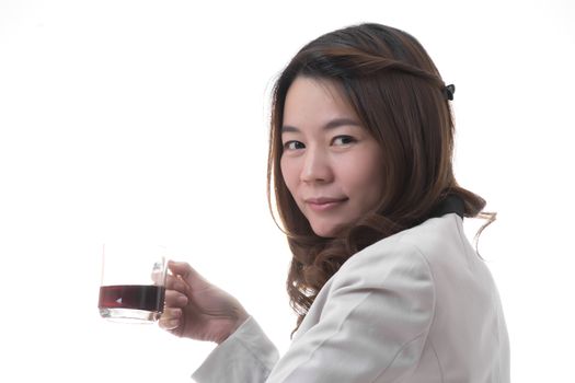 Asian woman with black coffee in business office concept, isolated on white background