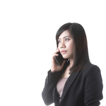 Asian woman with telephone in business office concept, isolated on white background