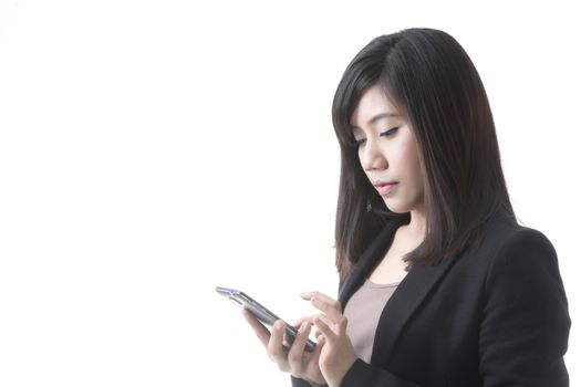 Asian woman with telephone in business office concept, isolated on white background