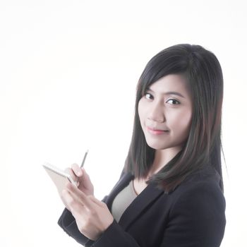 Asian woman with document note in business office concept, isolated on white background