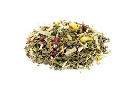Heap of loose green tea rise and grind isolated on white background