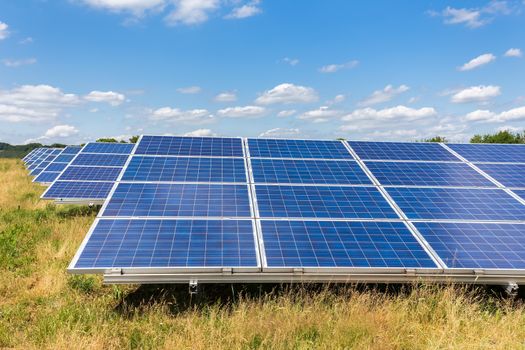 Field with rows of blue solar panels in grassland