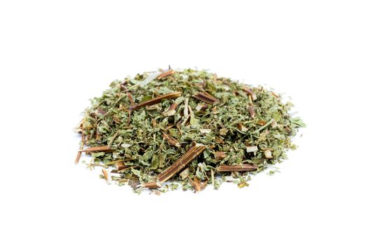 Pile of loose tea lemon balm isolated on white background