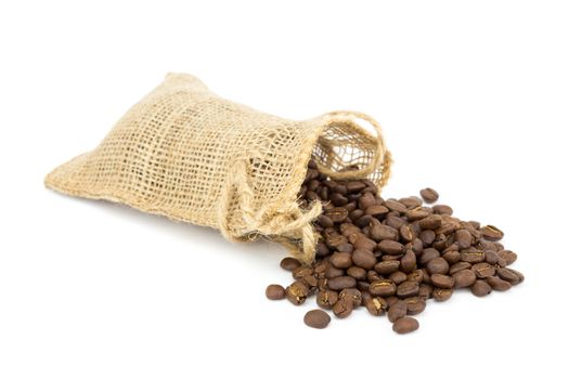 Little sackcloth with loose coffee beans isolated on white background