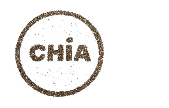 Word CHIA and circle filled with  chia seeds isolated on white background