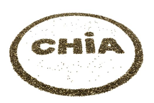 Word CHIA as logo containing chia seeds on white background