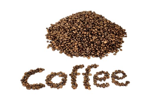 Word coffee with heap of coffee beans isolated on white background