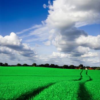 Green field and blue sky conceptual image. Picture of green field and sky in summer.