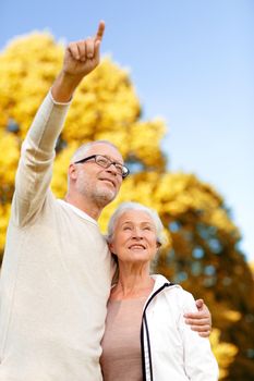 family, age, tourism, travel and people concept - senior couple hugging and pointing finger in park