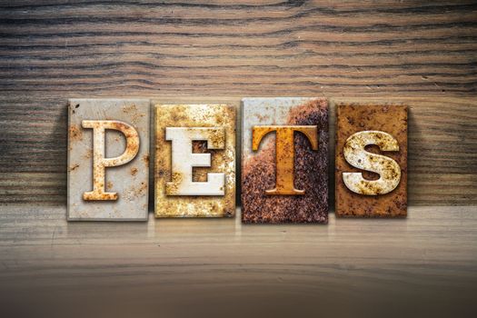 The word "PETS" written in rusty metal letterpress type sitting on a wooden ledge background.