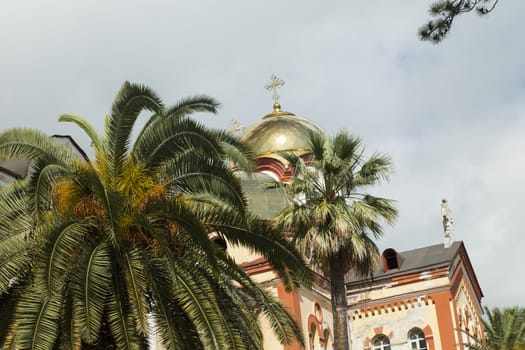 The orthodox church sparkles on the sun the gold domes